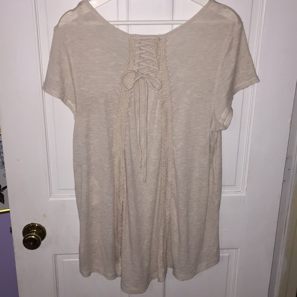 Short sleeve lace up back blouse